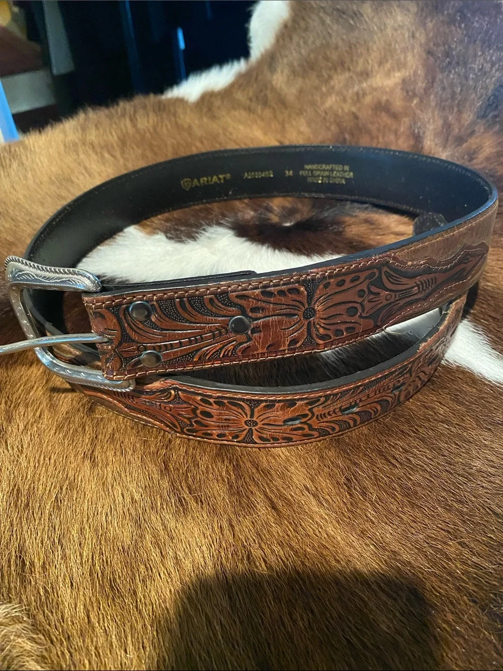 Ariat Brown Tooled Leather Western Belt Silver-Tone Buckle Size 34